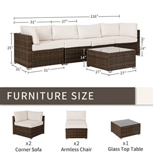 SUNBURY 5-Piece Outdoor Sectional Wicker Sofa in Off White Cushions, Brown Wicker Patio Furniture Set w Glasstop Table for Backyard Garden Porch