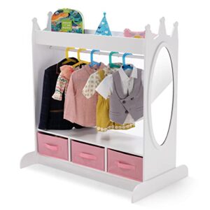 kids armoire dress-up storage w/mirror and drawers,dress up closet,costume dress up wardrobe,pretend storage closet for kids w/side pocket top shelf shoes storage for bedroom girls room, white