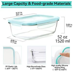 Luvan 60oz Large Glass Food Storage Containers with Lids,Glass Meal Prep Containers/Bento Boxes/Lunch Containers,BPA Free & Leak-Proof for Microwave,Oven,Freezer and Dishwasher Safe(2Pcs)