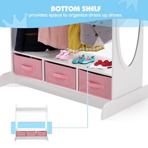 Kids Armoire Dress-Up Storage w/Mirror and Drawers,Dress up Closet,Costume Dress up Wardrobe,Pretend Storage Closet for Kids w/Side Pocket Top Shelf Shoes Storage for Bedroom Girls Room, White