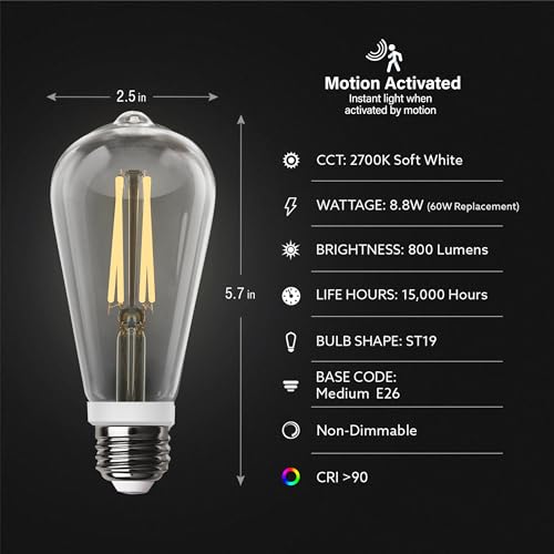 Feit Electric Motion Sensor, Non-Dimmable, Indoor/Outdoor LED Bulb with Exposed Filament, ST19 on E26 Base, High CRI, 60 Watts Equivalent, 2700K, Soft White - ST19CL927CA/MM/FILED