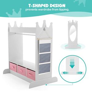 Kids Armoire Dress-Up Storage w/Mirror and Drawers,Dress up Closet,Costume Dress up Wardrobe,Pretend Storage Closet for Kids w/Side Pocket Top Shelf Shoes Storage for Bedroom Girls Room, White