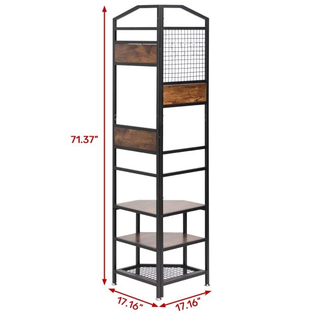 DOEWORKS 4-Tier Corner Industrial Hall Tree, Freestanding Entryway Coat Storage Rack with Hooks and Wooden Storage Shelves, Black