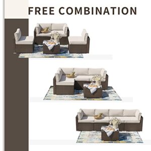 SUNBURY 5-Piece Outdoor Sectional Wicker Sofa in Off White Cushions, Brown Wicker Patio Furniture Set w Glasstop Table for Backyard Garden Porch