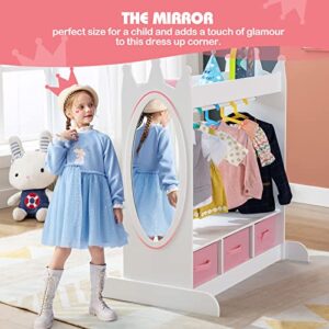 Kids Armoire Dress-Up Storage w/Mirror and Drawers,Dress up Closet,Costume Dress up Wardrobe,Pretend Storage Closet for Kids w/Side Pocket Top Shelf Shoes Storage for Bedroom Girls Room, White