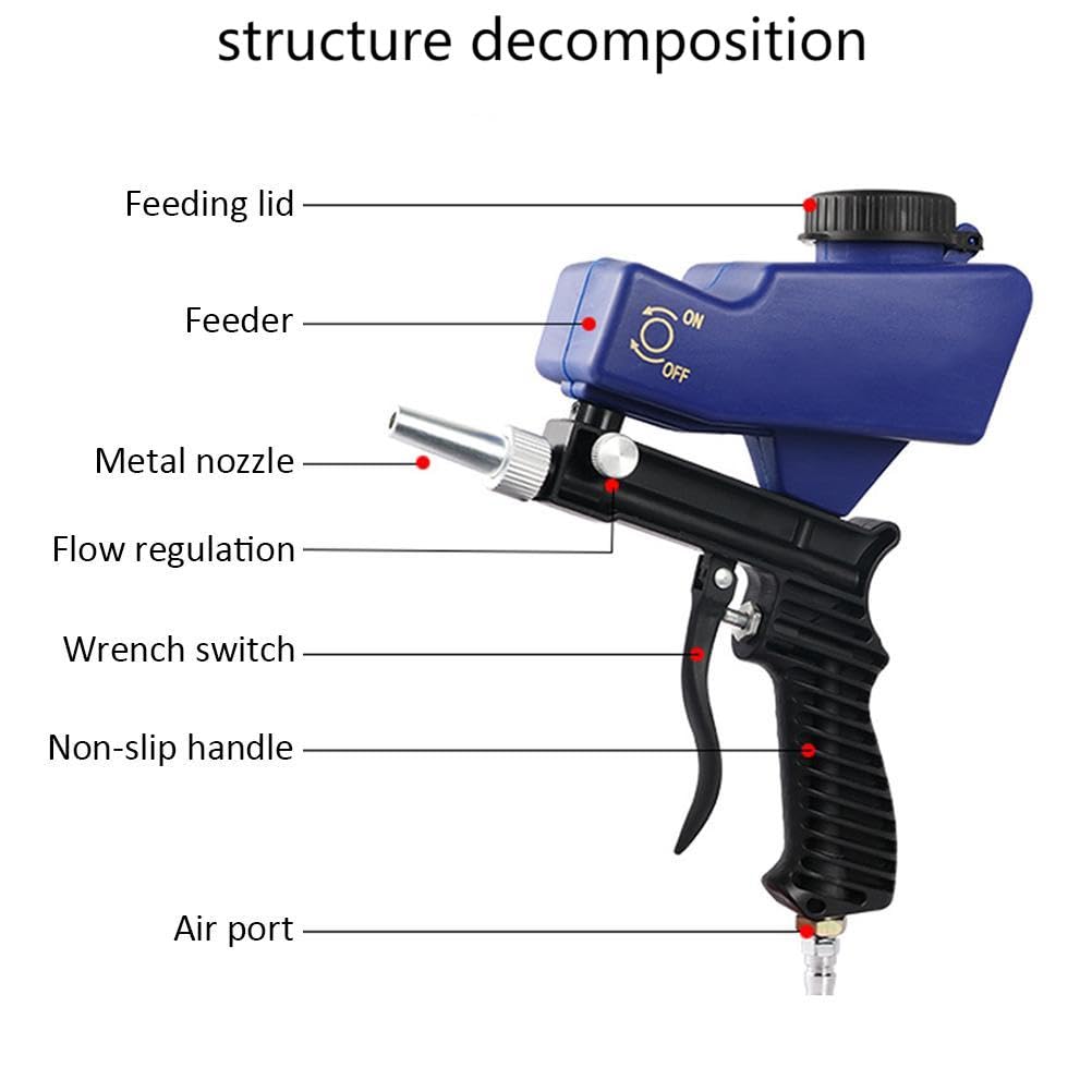 Portable Sandblaster Gun Kit 70-150 PSI 6000RPM Gravity Feed Sandblasting Pneumatic Blast Gun Handheld Tool with Air Tube Connector for Cleaning Rust, Dirt, Paint, & Glass Etching