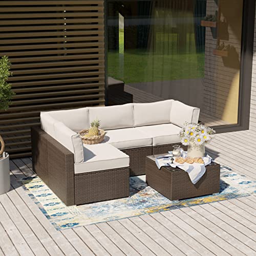 SUNBURY 5-Piece Outdoor Sectional Wicker Sofa in Off White Cushions, Brown Wicker Patio Furniture Set w Glasstop Table for Backyard Garden Porch