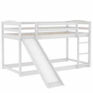 Twin Low Bunk Bed, Solid Wood Twin Over Twin Bunk Bed Frame with Full Guardrails & Integrated Ladder, Floor Twin Bunk Beds for Kids Boys and Girls, No Box Spring Needed(White with Convertible Slide)