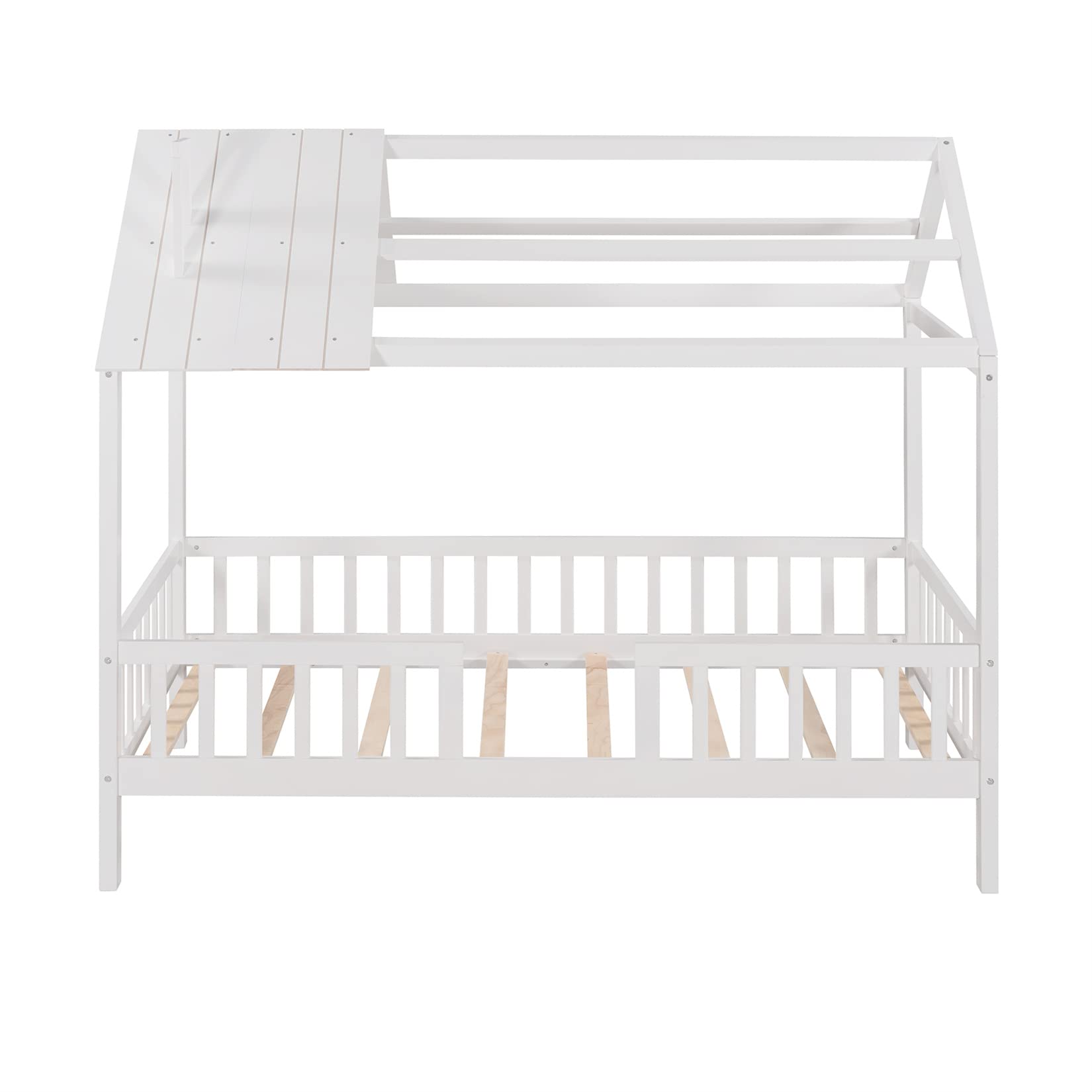 House Bed with Rails and Roof Kids Montessori Beds Wood Cabin Playhouse Bed Frame for Toddlers Girls Boys Teens, Twin Size, White