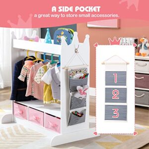 Kids Armoire Dress-Up Storage w/Mirror and Drawers,Dress up Closet,Costume Dress up Wardrobe,Pretend Storage Closet for Kids w/Side Pocket Top Shelf Shoes Storage for Bedroom Girls Room, White