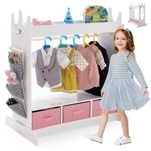 Kids Armoire Dress-Up Storage w/Mirror and Drawers,Dress up Closet,Costume Dress up Wardrobe,Pretend Storage Closet for Kids w/Side Pocket Top Shelf Shoes Storage for Bedroom Girls Room, White