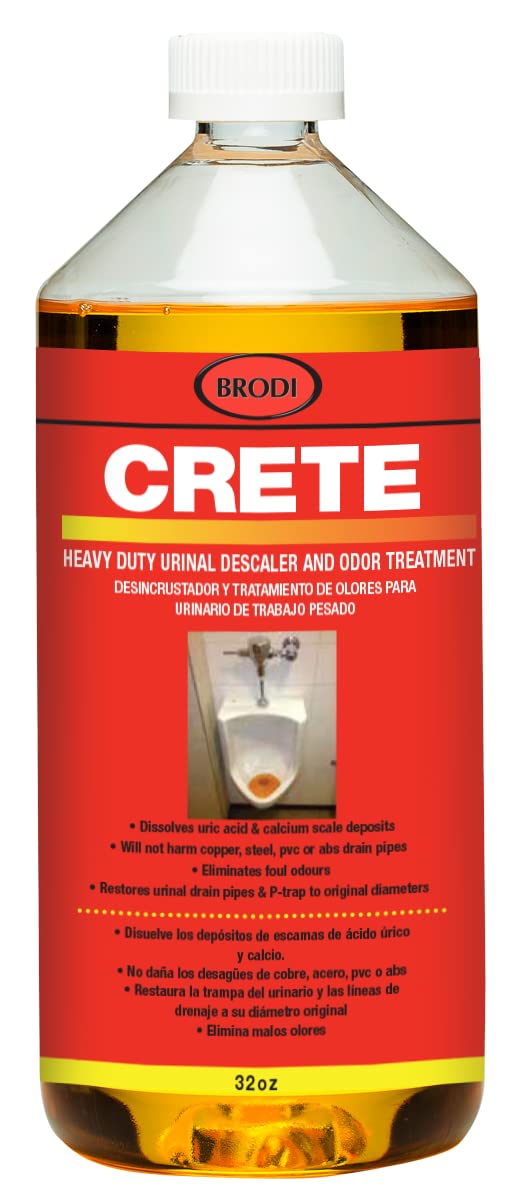 Brodi Crete-32 oz Double Size-Professional Urinal Salt Descaler & Deodorizer. Restores urinal drains to original working diameter, fix slow-running drains. Stop odors. Contains: 1 x 32oz bottle