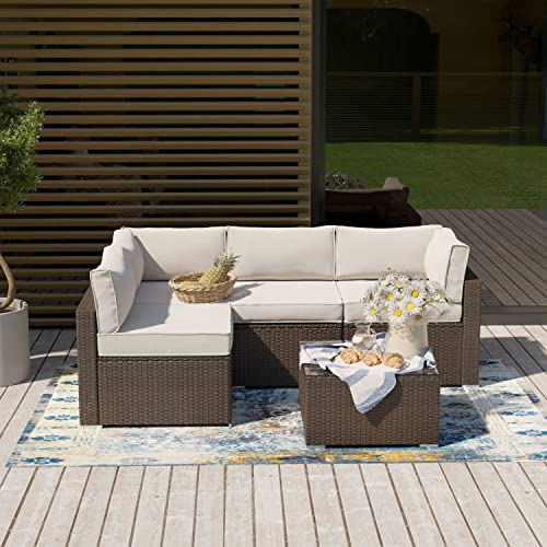 SUNBURY 5-Piece Outdoor Sectional Wicker Sofa in Off White Cushions, Brown Wicker Patio Furniture Set w Glasstop Table for Backyard Garden Porch