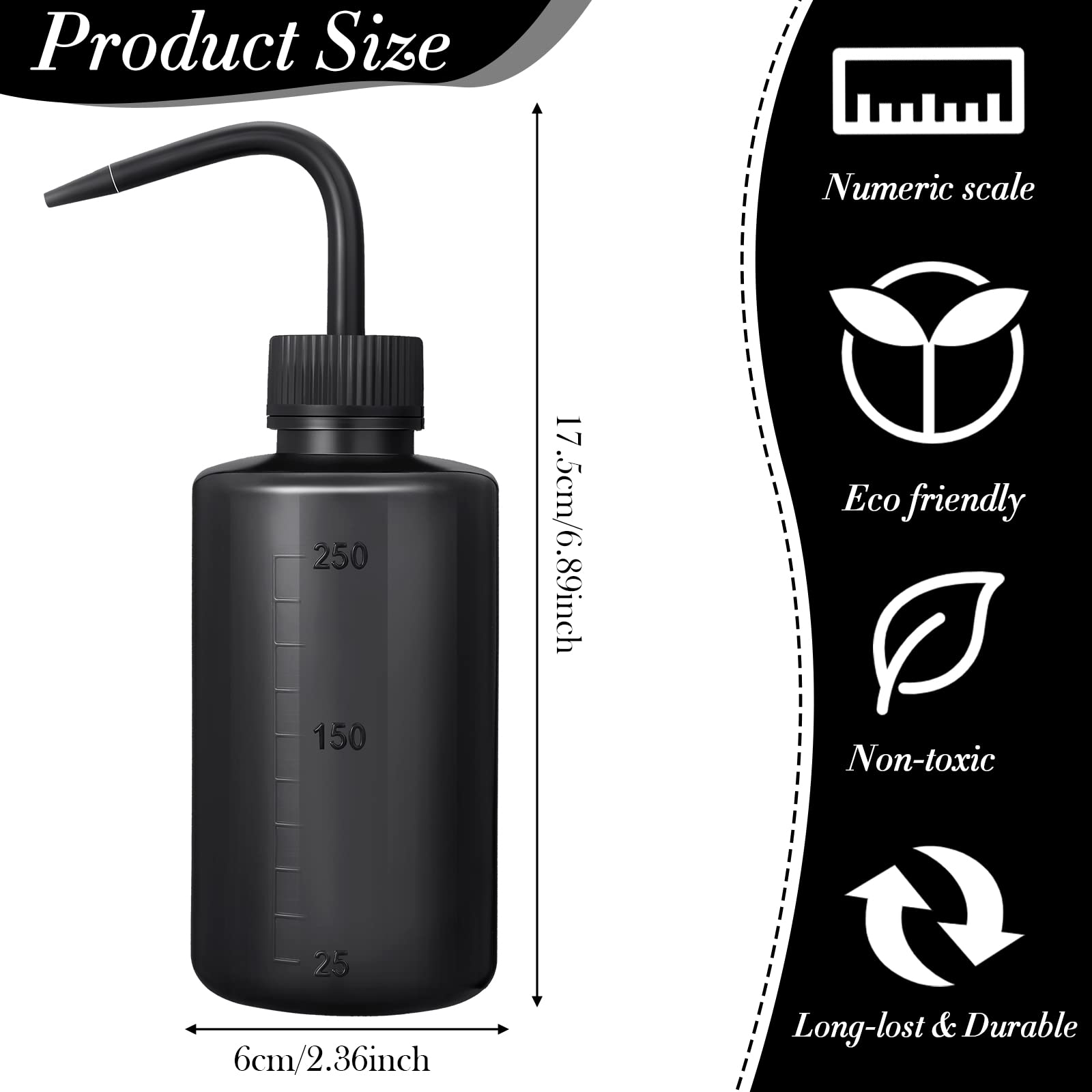 9 Pcs 250 ml Tattoo Wash Bottle Water Squirt Bottle Lab Squeeze Bottles Lash Water Bottle with Narrow Mouth Scale Labels Safety Rinse Bottle for Eyelash Extensions, Succulent Watering (Black)