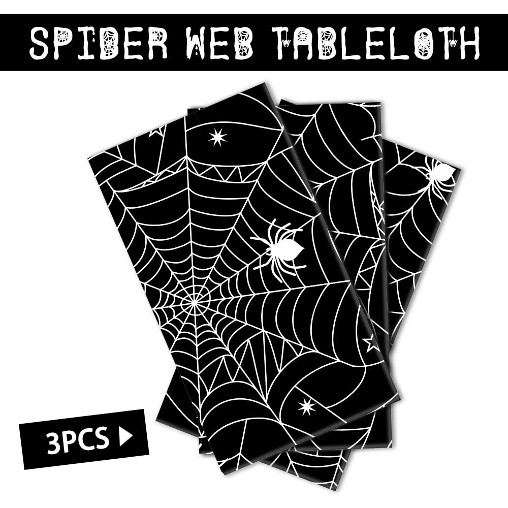 YUJUN 3 Pack Halloween Spider Table Cover, Waterproof Plastic Spider Web Tablecloth Star Explosion Table Cover for Halloween Party Decorations Indoor Outdoor Home Dinner Party(54 * 108''Inch)