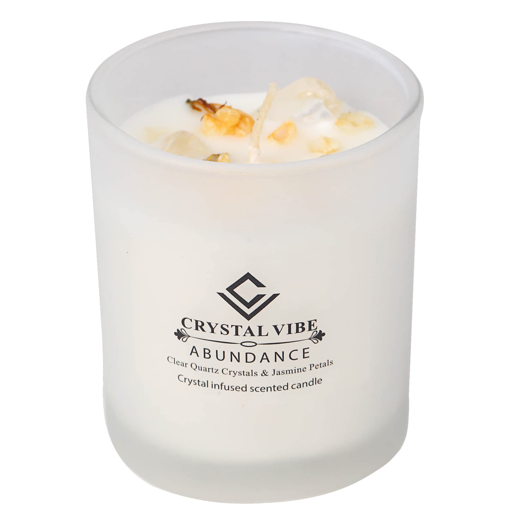 Crystal Vibe Jasmine Scented Candle With Clear Quartz Crystals and Jasmine Petals for Aromatherapy Mditation - Attract Abundance - Natural Soy Candle Gifts for Christams Birthdays