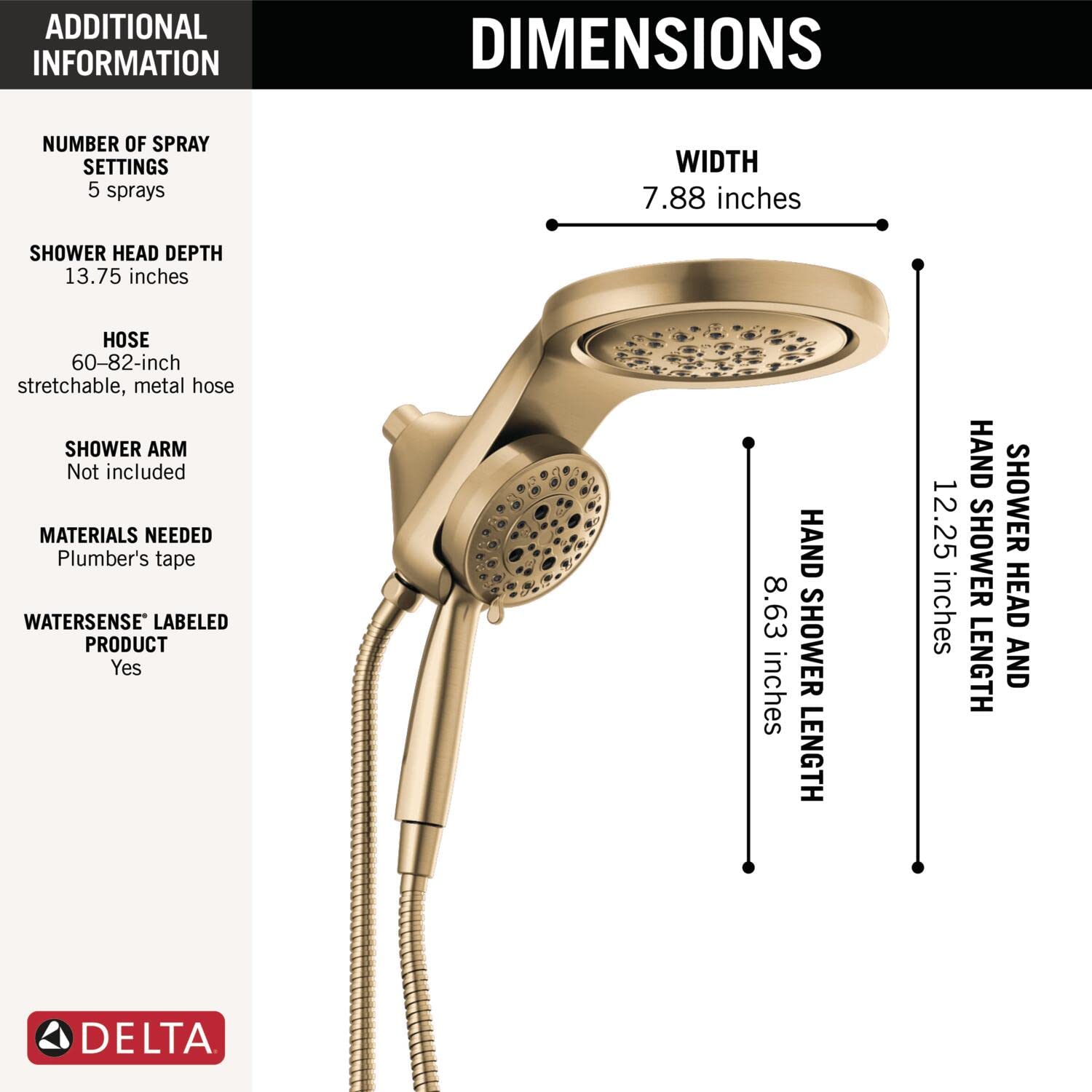 Delta Faucet HydroRain 5-Spray H2Okinetic Dual Shower Head with Handheld Spray, Gold Shower Head with Hose, Handheld Shower Heads, 2.5 GPM Flow Rate, Lumicoat Champagne Bronze 58680-CZ-PR25