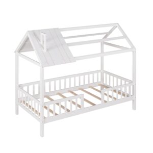 House Bed with Rails and Roof Kids Montessori Beds Wood Cabin Playhouse Bed Frame for Toddlers Girls Boys Teens, Twin Size, White