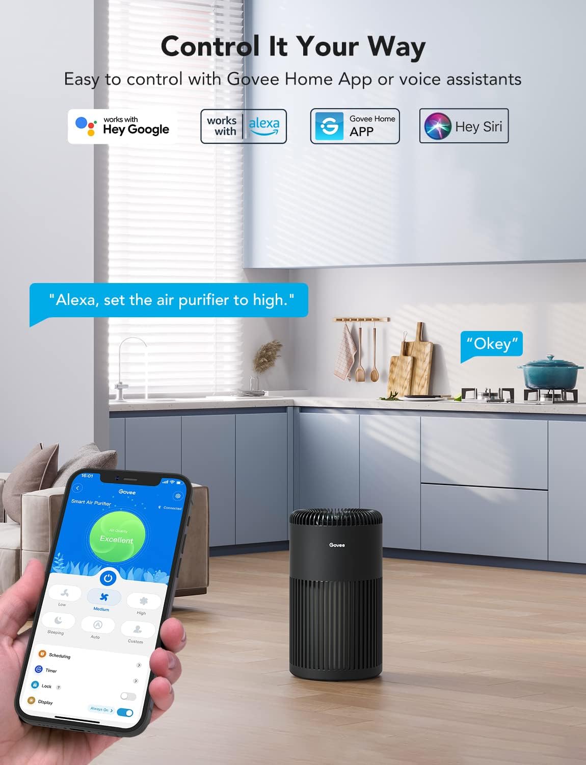 Govee Air Purifiers for Home Large Room Up to 1524 Sq.Ft, WiFi Smart Air Purifier with PM2.5 Monitor for Wildfire, H13 True HEPA Air Purifier for 99.97% Smoke, Pet Hair, Odors, 24dB Large Air Purifier