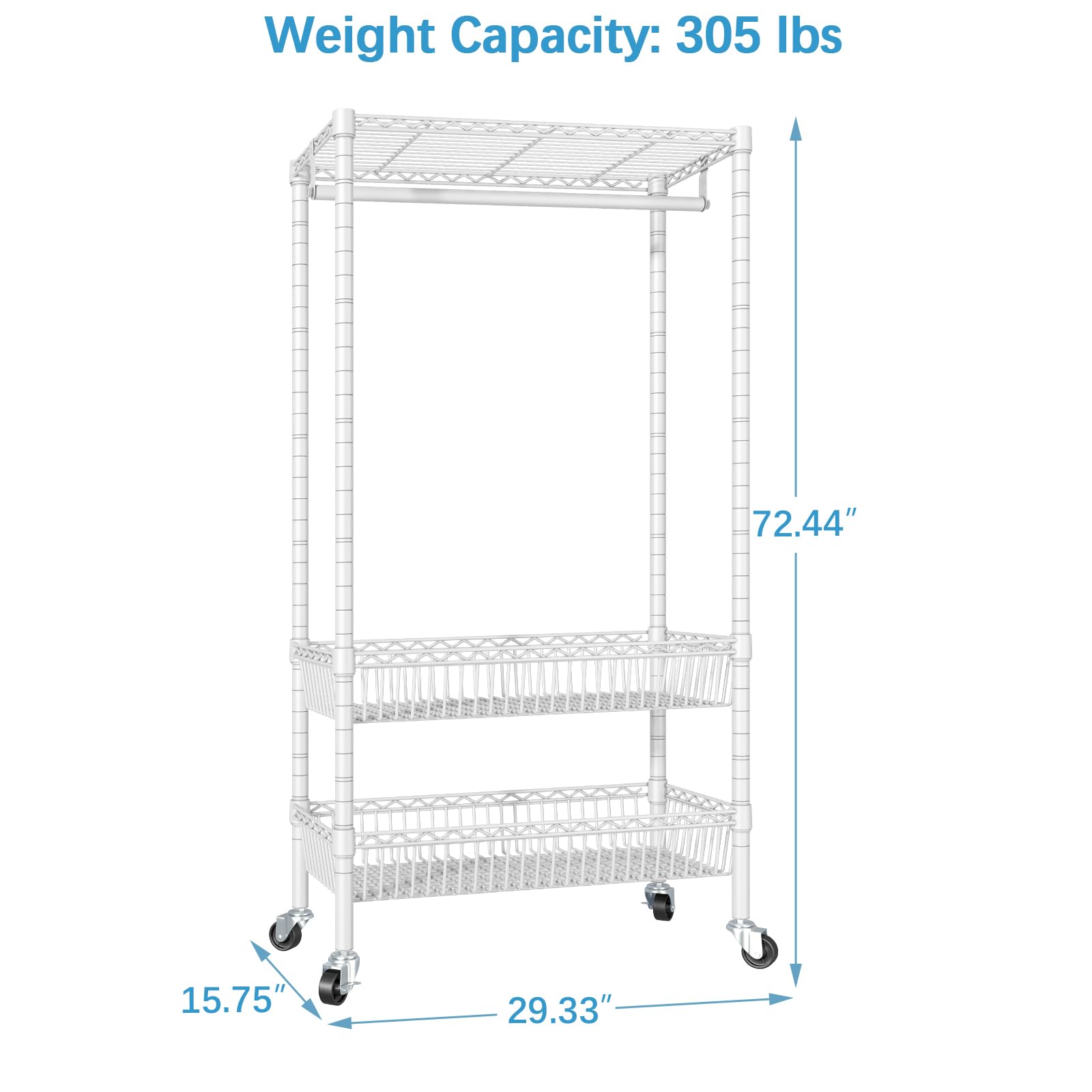 VIPEK R2 Rolling Garment Rack Heavy Duty Clothes Rack for Hanging Clothes Adjustable Wire Clothing Rack with Hanging Rack, Freestanding Portable Closet on Wheel with Basket Metal Closet Storage, White