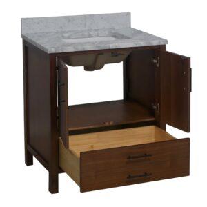 California 30-inch Bathroom Vanity (Cararra/Walnut): Includes Walnut Cabinet with Authentic Italian Carrara Marble Countertop and White Ceramic Sink