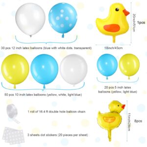 HyDren 113 Pcs Yellow Duck Balloon Arch Garland Kit 12 10 5 Inch Blue Yellow White Latex Balloons Mini Yellow Duck Foil Balloons for Baby Shower Decorations Rubber Duck Themed Birthday Party Supplies