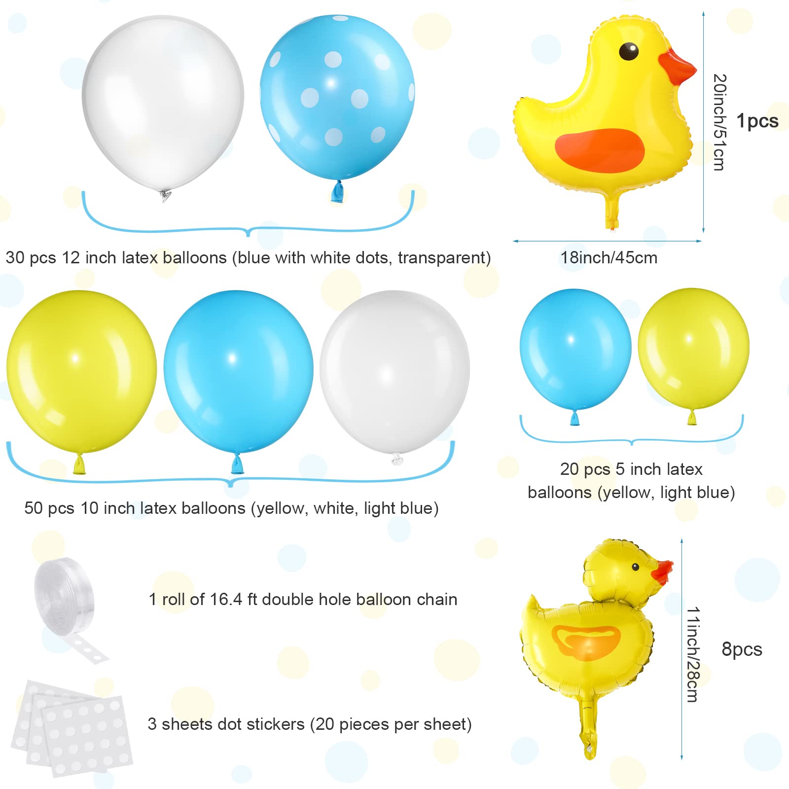 HyDren 113 Pcs Yellow Duck Balloon Arch Garland Kit 12 10 5 Inch Blue Yellow White Latex Balloons Mini Yellow Duck Foil Balloons for Baby Shower Decorations Rubber Duck Themed Birthday Party Supplies