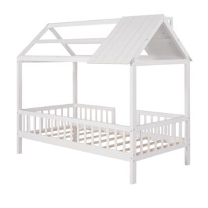 Bellemave House Bed Kids Montessori Beds Playhouse Bed Tent Bed, Solid Wood Platform Bed Frame with Fence and Roof for Kids Teens Girls Boys (White)