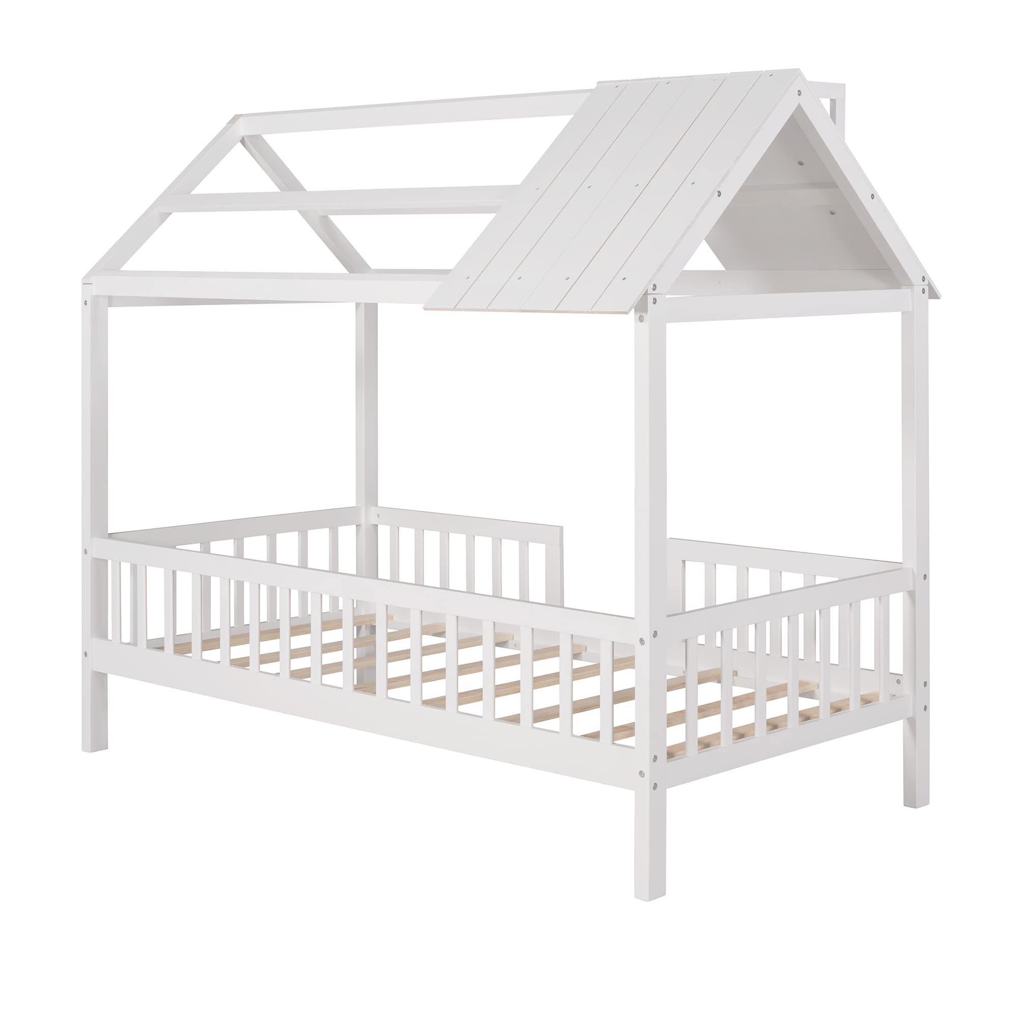 Bellemave House Bed Kids Montessori Beds Playhouse Bed Tent Bed, Solid Wood Platform Bed Frame with Fence and Roof for Kids Teens Girls Boys (White)