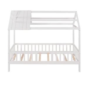 Bellemave House Bed Kids Montessori Beds Playhouse Bed Tent Bed, Solid Wood Platform Bed Frame with Fence and Roof for Kids Teens Girls Boys (White)