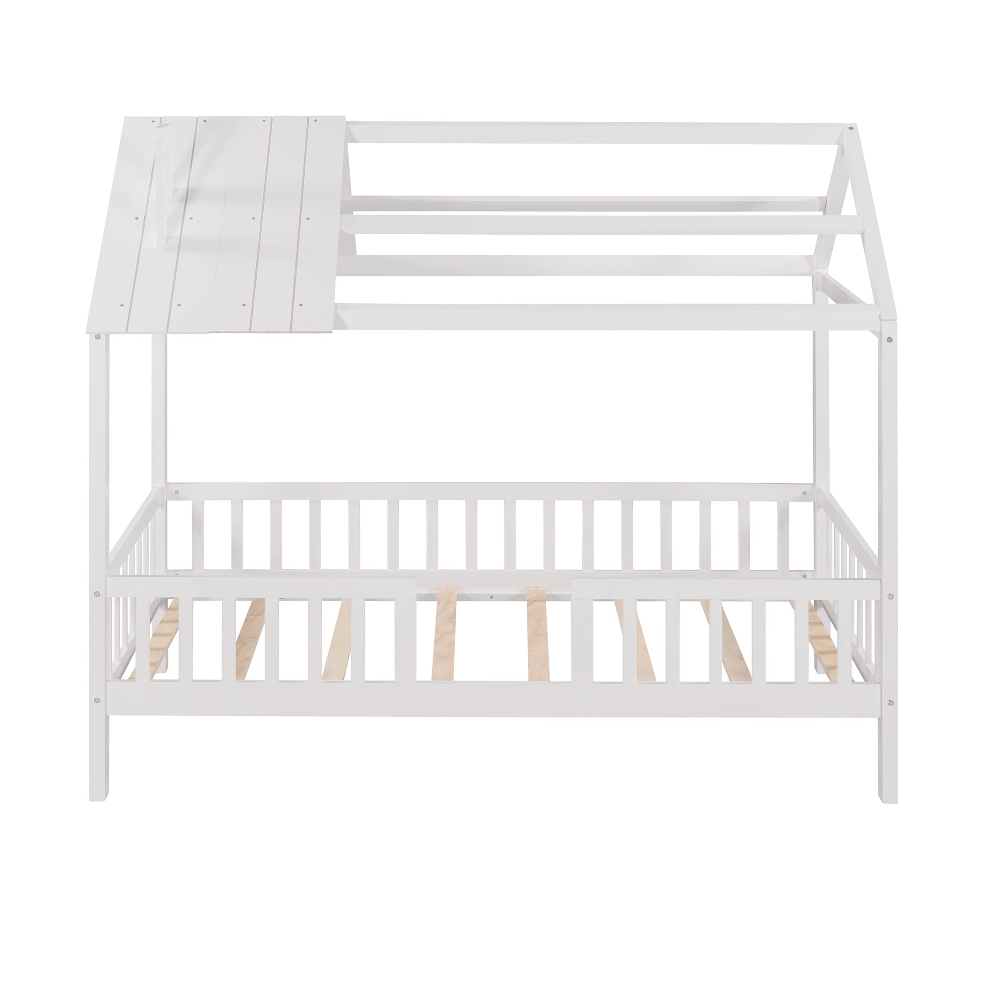 Bellemave House Bed Kids Montessori Beds Playhouse Bed Tent Bed, Solid Wood Platform Bed Frame with Fence and Roof for Kids Teens Girls Boys (White)