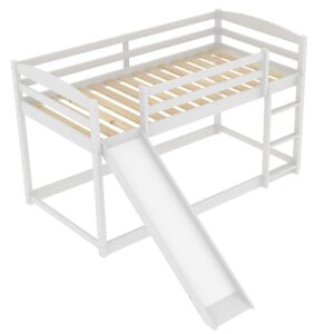 Twin Low Bunk Bed, Solid Wood Twin Over Twin Bunk Bed Frame with Full Guardrails & Integrated Ladder, Floor Twin Bunk Beds for Kids Boys and Girls, No Box Spring Needed(White with Convertible Slide)