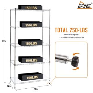 EFINE Chrome 5-Shelf Shelving Unit with Shelf Liners Set of 5, Adjustable, Steel Wire Shelves, 150lbs Loading Capacity Per Shelf, Shelving Units and Storage for Kitchen and Garage (30W x 14D x 60H)