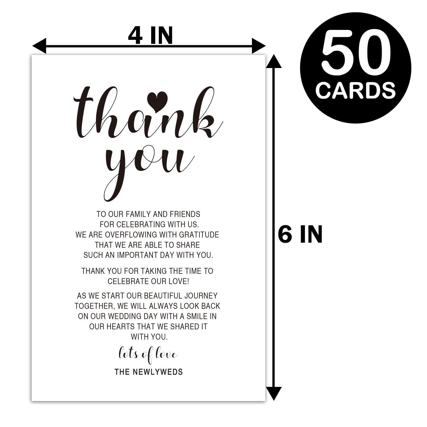 50 Wedding Reception Thank You Cards - Wedding Place Setting Cards Wedding, Rehearsal Dinner Thank You Table Sign for Your Table Centerpiece, Wedding Decorations.4 x 6 Inch