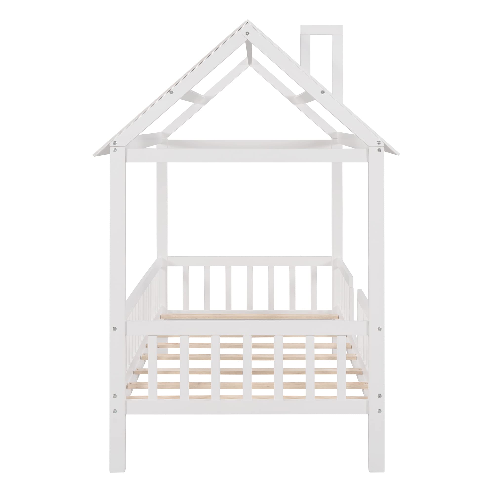 Bellemave House Bed Kids Montessori Beds Playhouse Bed Tent Bed, Solid Wood Platform Bed Frame with Fence and Roof for Kids Teens Girls Boys (White)