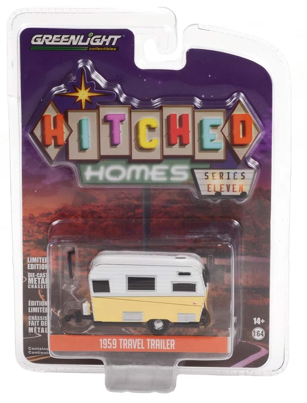 Greenlight 34110-A Hitched Homes Series 11 - 1959 Siesta Travel Trailer - White and Yellow 1:64 Scale