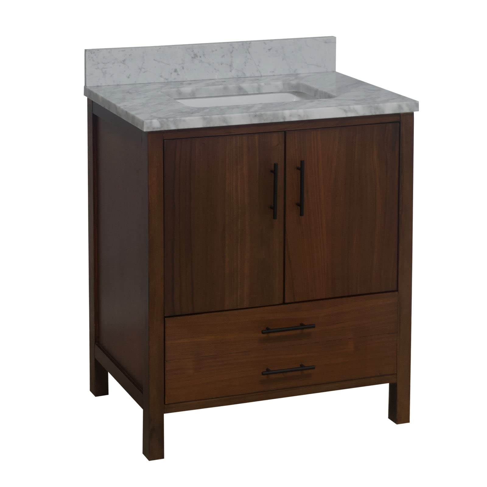 California 30-inch Bathroom Vanity (Cararra/Walnut): Includes Walnut Cabinet with Authentic Italian Carrara Marble Countertop and White Ceramic Sink