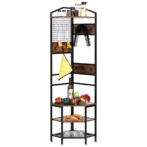 DOEWORKS 4-Tier Corner Industrial Hall Tree, Freestanding Entryway Coat Storage Rack with Hooks and Wooden Storage Shelves, Black