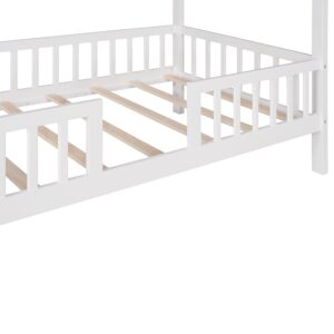 Bellemave House Bed Kids Montessori Beds Playhouse Bed Tent Bed, Solid Wood Platform Bed Frame with Fence and Roof for Kids Teens Girls Boys (White)