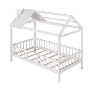 Bellemave House Bed Kids Montessori Beds Playhouse Bed Tent Bed, Solid Wood Platform Bed Frame with Fence and Roof for Kids Teens Girls Boys (White)