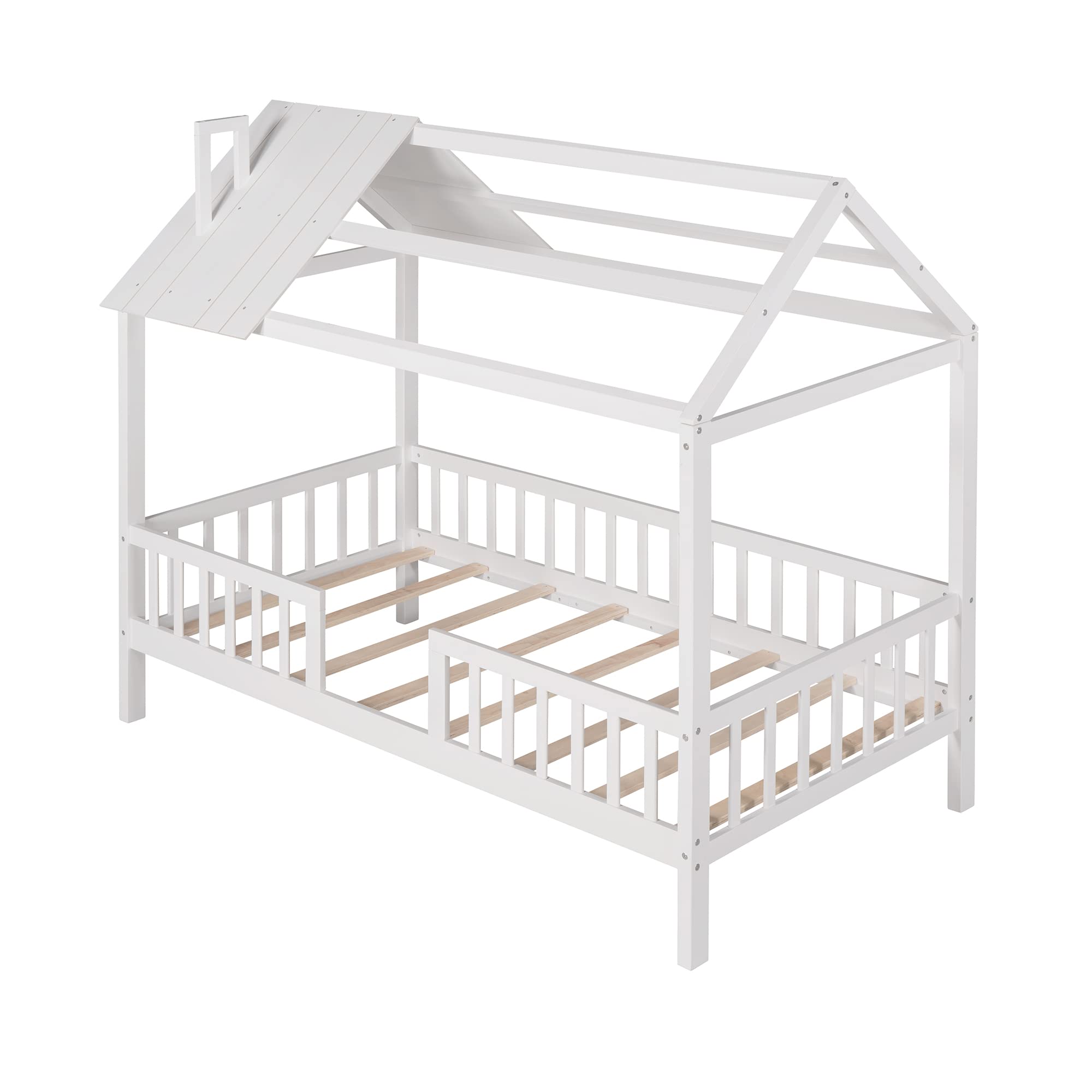 Bellemave House Bed Kids Montessori Beds Playhouse Bed Tent Bed, Solid Wood Platform Bed Frame with Fence and Roof for Kids Teens Girls Boys (White)