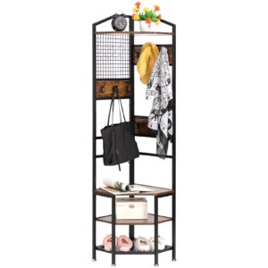 DOEWORKS 4-Tier Corner Industrial Hall Tree, Freestanding Entryway Coat Storage Rack with Hooks and Wooden Storage Shelves, Black