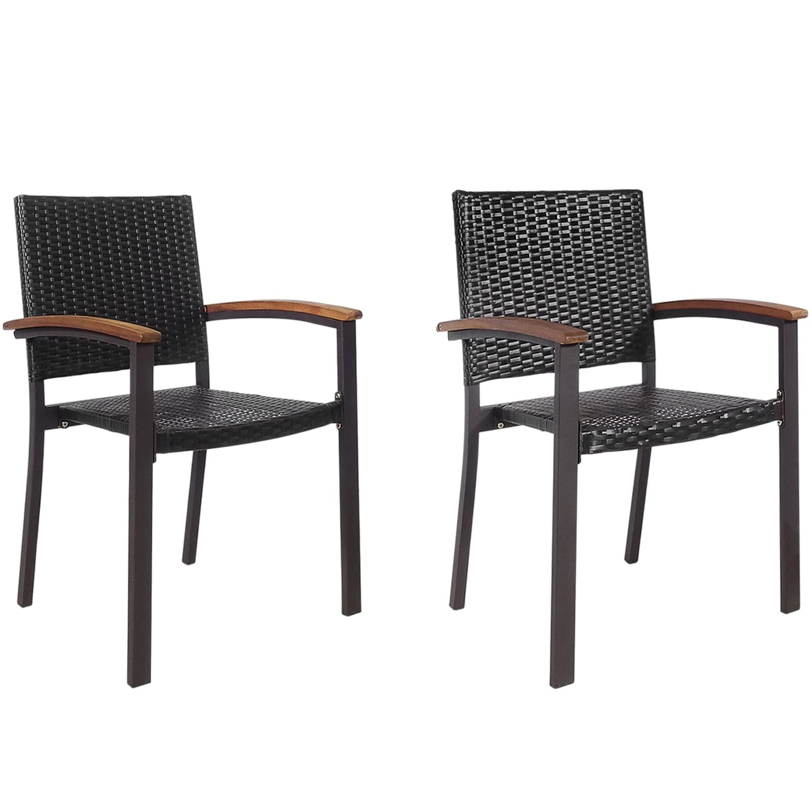 HAPPYGRILL Patio Dining Chairs Set of 2 Outdoor Rattan Wicker Chairs Set Stackable Armchair with Steel Structure for Indoor Outdoor Garden Dining