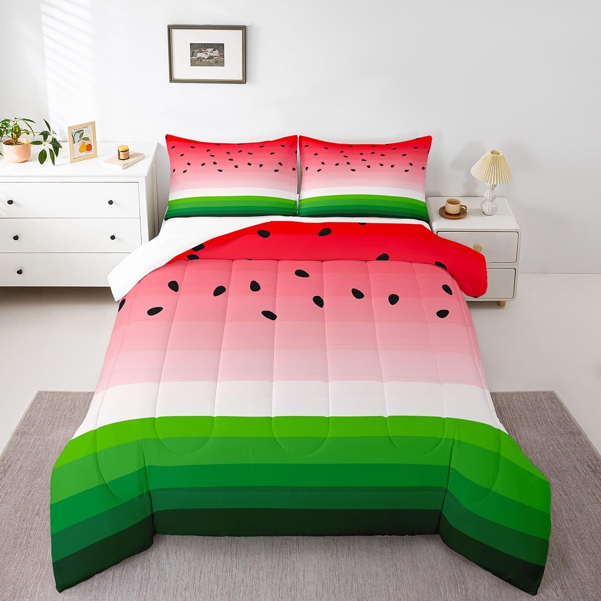 Feelyou Watermelon Comforter Set with Pillow Case Tropical Fruit Print Bedding Set Girls Women Twin Size Comforter Red Watermelon Soft Comforter Set Machine Washable Boys