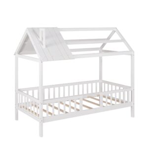 House Bed with Rails and Roof Kids Montessori Beds Wood Cabin Playhouse Bed Frame for Toddlers Girls Boys Teens, Twin Size, White