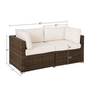 COSIEST 2-Piece Outdoor Furniture Loveseat Wicker Sectional Sofa Set w Off White Thick Cushions for Garden, Pool, Backyard