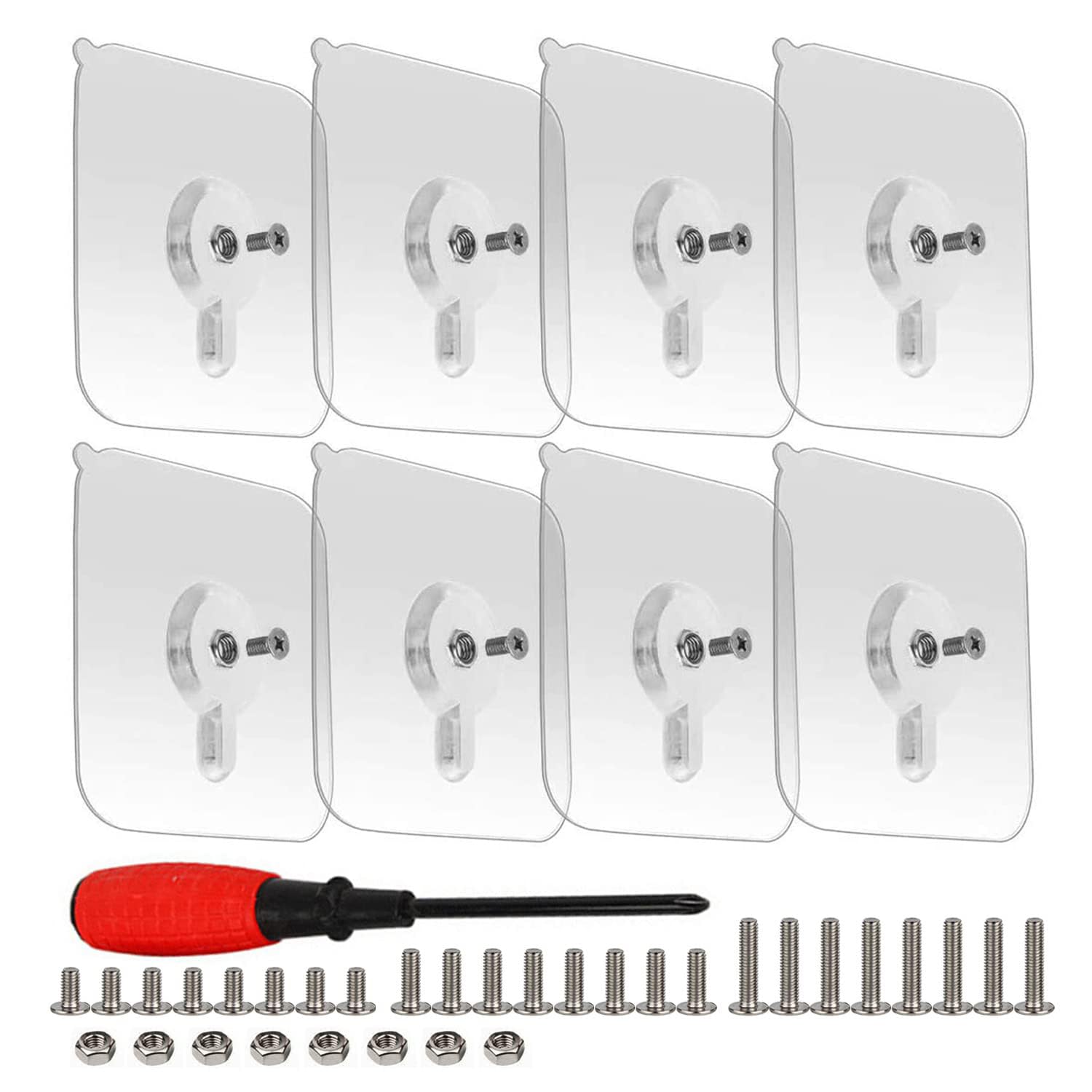 8-Set Adhesive Screws Wall Mount Hanging Nails No-Trace No Drilling Stick-on Sticky Screw with 3 Different Size Screw for Bathroom Kitchen Storage Room Tile Wall Shower Room