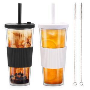 uhapeer 2 pack reusable boba tea cups, 24oz iced coffee cup with straw and lid, leakproof clear plastic cups tumbler, double wall insulated smoothie tumbler, wide straw for bubble tea, black and white