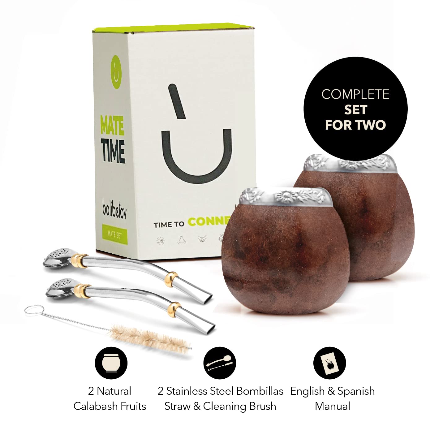 BALIBETOV Yerba Mate Gourd Set (Original Natural Handmade Yerba Mate Cup Argentina) - Includes Mate Tea Cup, Bombilla (Yerba Mate Straw) and Clean Brush - Classic Mate Cup and Bombilla Set (BROWN X2)