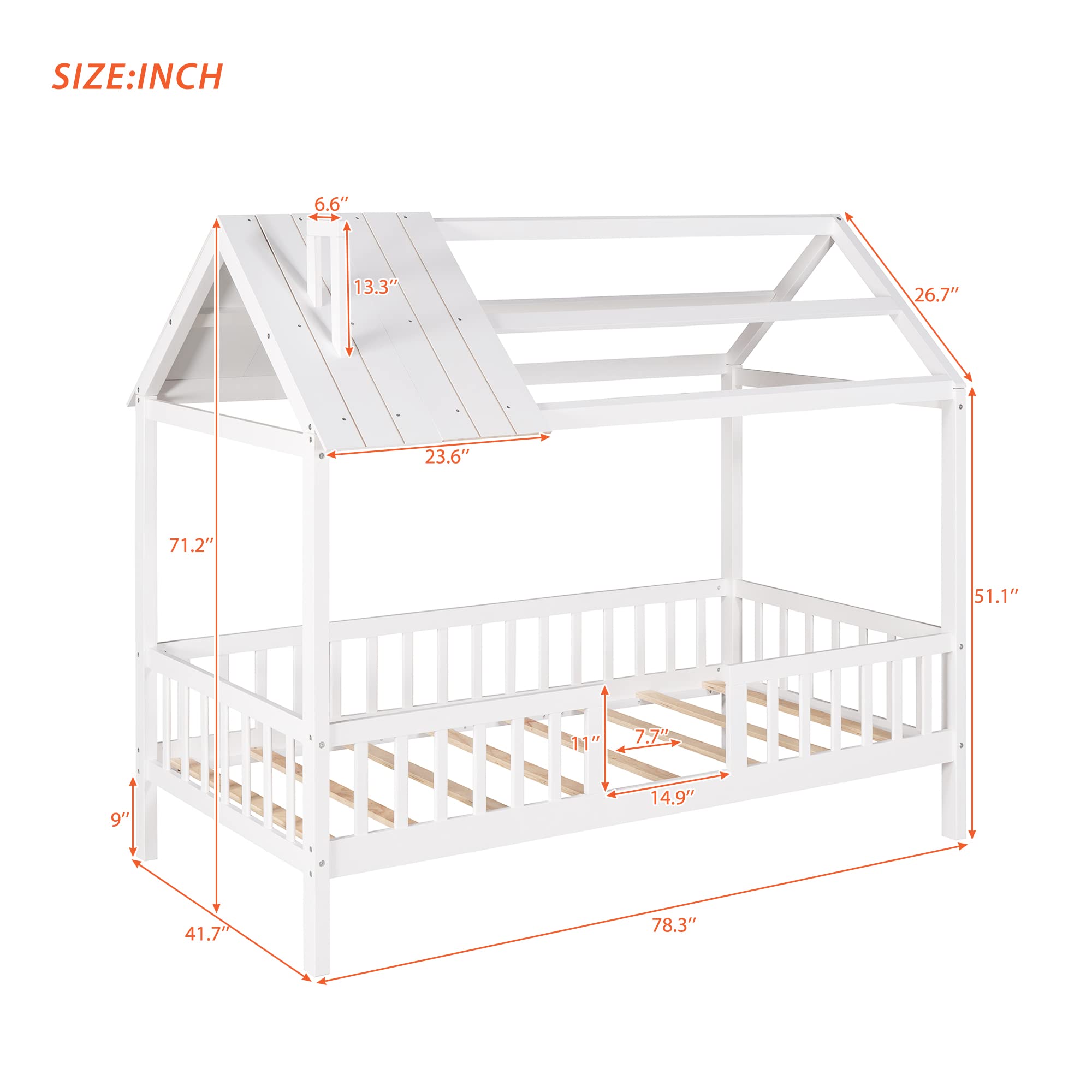 Bellemave House Bed Kids Montessori Beds Playhouse Bed Tent Bed, Solid Wood Platform Bed Frame with Fence and Roof for Kids Teens Girls Boys (White)